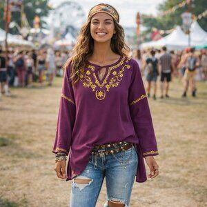 Sundance Purple and Lime Green Embroidered Cotton Tunic Top Size Small